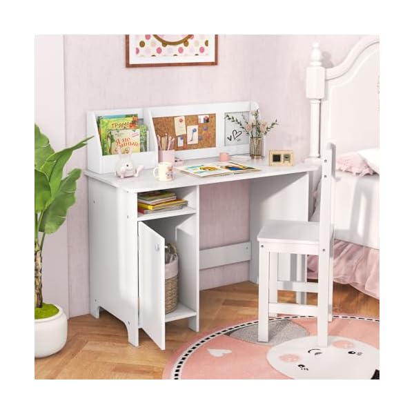 Honey joy kids desk and chair set wooden children school study table and chair wwhiteboard hutch storage shelves student writing desk computer workstation for bedroom 3 years old white  urban country home decor