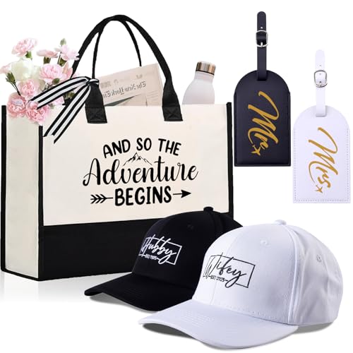 Mr & Mrs Travel Gift Set – Honeymoon Luggage Tags, Hubby & Wifey Hats, Tote Bag – Wedding, Bridal Shower, Newlywed Gifts