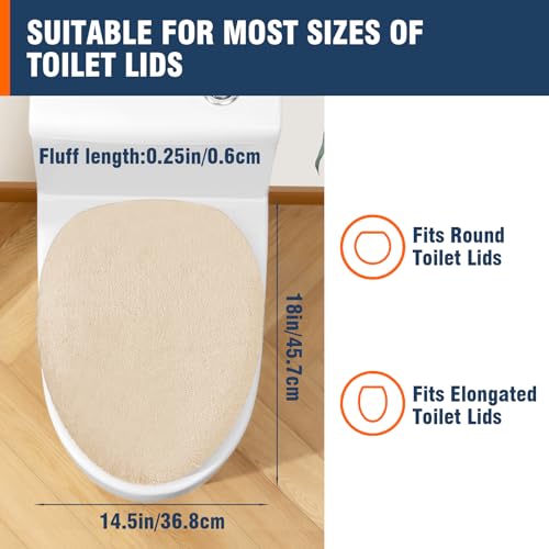 Soft Plush Toilet Lid Cover for Bathroom, Machine Washable Toilet Seat Covers, Fits Most Round Elongated and Oblong Lids, Easy Installation& Cleaning (Light Khaki)