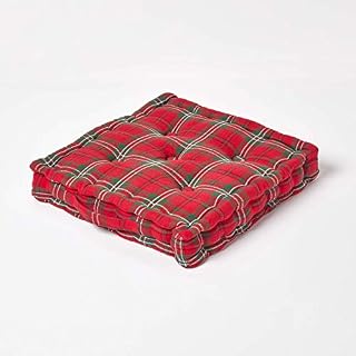 HOMESCAPES - Edward Tartan - 100% Cotton - Floor Cushion - Red Green - 40 x 40 x 8 cm Square - Indoor - Garden - Dining Chair Booster - Seat Pad Cushion