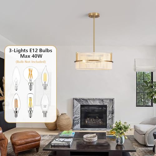 15.7" Modern Boho Drum Chandelier Ceiling Light Fixture, 3-Light Pendant Light with Hand-Woven Rope Shade, Adjustable Gold Metal Frame Chandelier for Kitchen Island Dining Room Bedroom Foyer Entryway by CYKJ - Used condition - Image 2