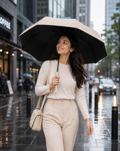 Image of Vasukie Compact Travel Umbrella with Ergonomic C-Shaped Handle, Wind Resistant Folding Umbrella for Men & Women, Lightweight Portable Umbrella for Travel, Office & Daily Use