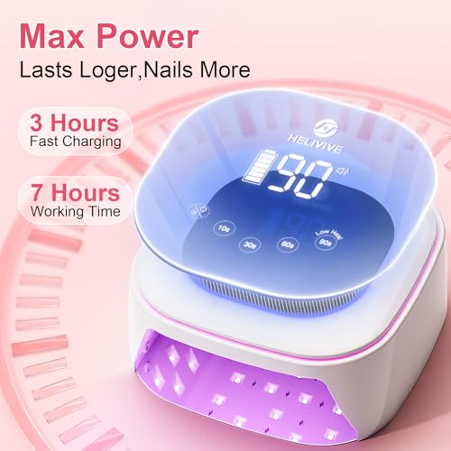 HELIVIVE Cordless UV LED Nail Lamp, 80W Rechargeable Nail Dryer with 4 Timers, Atmosphere Light & Mirror Base, UV Light for All Gel Nails, Ideal for Training,Nail Art Practice,Home & Salon Use (White)