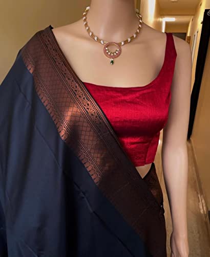 BM FASHION Women's Banarasi Style Pure Kanjivaram Silk Jacquard Kanchipuram Pattu Saree With Un-Stiched Blouse… (Black)