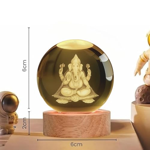 Image of One94Store 3D Crystal Ball Night Lamp - Engraved Ganesh Ji LED Light, USB-Powered Table Lamp with Wooden Base, Romantic Home & Office Decor, Bedroom, Anniversary, Birthday Gift (Warm White)