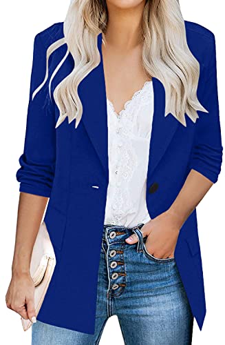 HOTOUCH Womens Casual Blazers 3/4 Stretchy Ruched Sleeve One Button Work Office Blazer Open Front Jacket S-XXXL Deep Blue