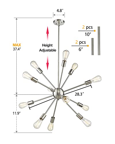 Jazava Modern Sputnik Chandelier Light Fixture, 12 Light Chandelier Fashion Pendant Lighting, Ceiling Lights For Kitchen Bedroom, Nickel Brushed #TOP5