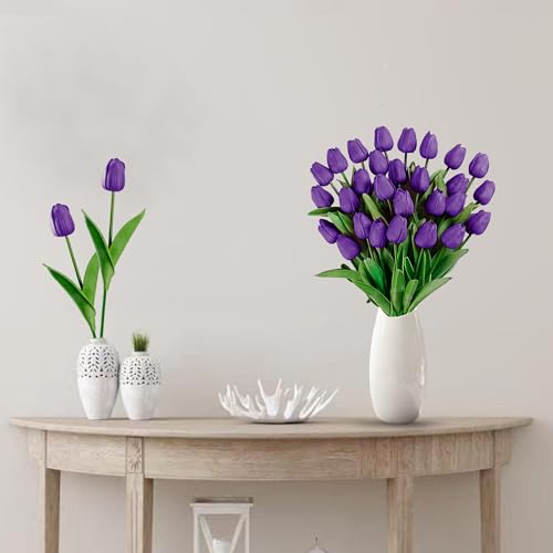 Image of Sggvecsy 15 Pcs Fake Tulips Artificial Flowers Real Touch PU Faux Flowers Tulip Stems for Wedding Spring Bouquet Floral Arrangement Home Party Office Decorations for Mother's Day (Purple)