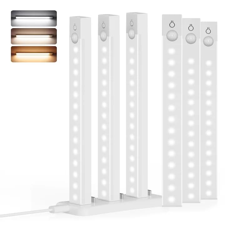 6-Pack 8-Inch Under Cabinet Lighting with Charging Station Rechargeable Motion Sensor Light Indoor 3 Color Dimmable Closet Light USB LED Magnetic Wireless Under Counter Lights for Kitchen Stair