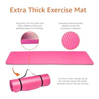 Amazon Basics 1/2 Inch Extra Thick Exercise Yoga Mat with Carrying Strap for Home Workouts and Fitness, 74" x 24" x 0.5", Pink