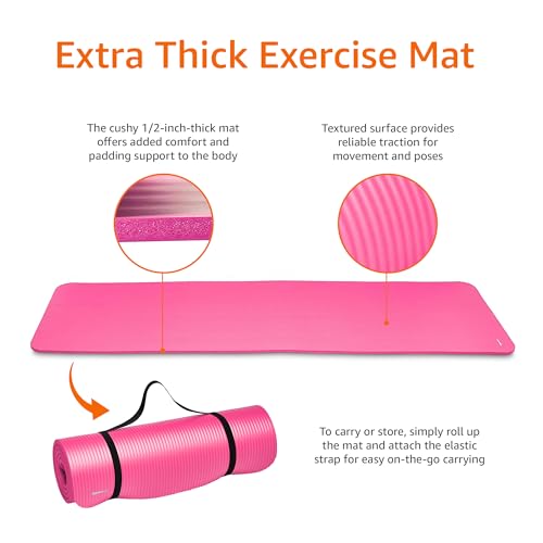 Amazon Basics 1/2 Inch Extra Thick Exercise Yoga Mat with Carrying Strap for Home Workouts and Fitness, 74" x 24" x 0.5", Pink by Amazon Basics - Image 4
