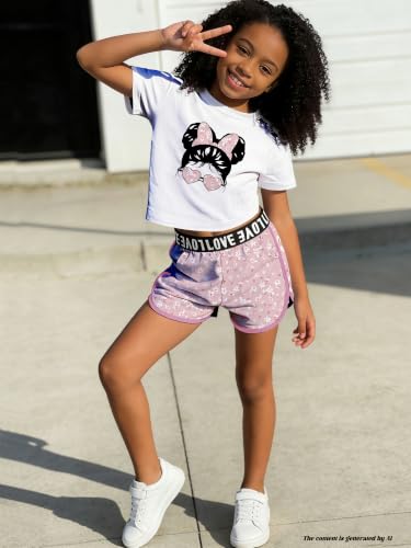 Image of Betusline Girls Summer 2 Piece Outfits,Kids Short Sleeve Crop Top & Shorts Set with Side Pockets