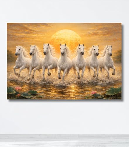 Image of KALPANIK Seven Running Horses With Sunrise Canvas Wall Painting | Vastu 7 White Horses Wall Art for Home Decor | White Running Horses Big Size 7 Horses Vastu Artwork (26x18 Inch, Framed - SMALL)