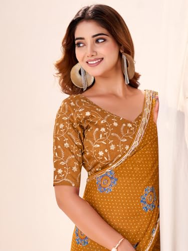 Image of AKHILAM Women's Bandhani Printed Chiffon Saree with Blouse