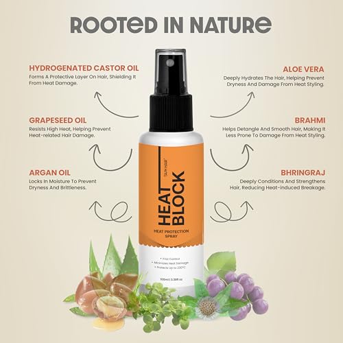 Image of Tash Hair Heat Protectant Spray for Hair- 100 ML | No Sulphates & Paraben | With Grapeseed, Castor & Argan Oil, Aloe Vera, Brahmi, Bhringraj | Upto 230C Heat Protection Spray for Men & Women- HeatBlock