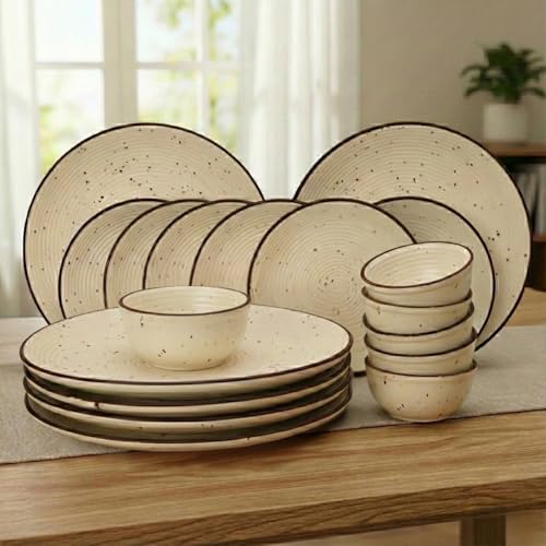 Image of Freakway Dinner Set, Ceramic Dinnerware with Brown Rim, Speckled Beige Design, 18 Pieces