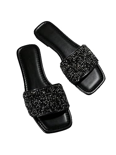 Verdusa Women's Rhinestone Sandals Glitter Casual Sandal Flats Open Toe Sparkle Slides