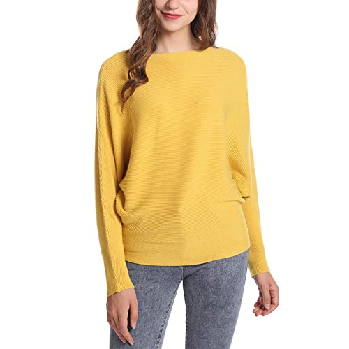 Image of Blostirno Women's Boat Neck Batwing Sleeves Dolman Ribbed Knitted Sweaters Pullovers Tops