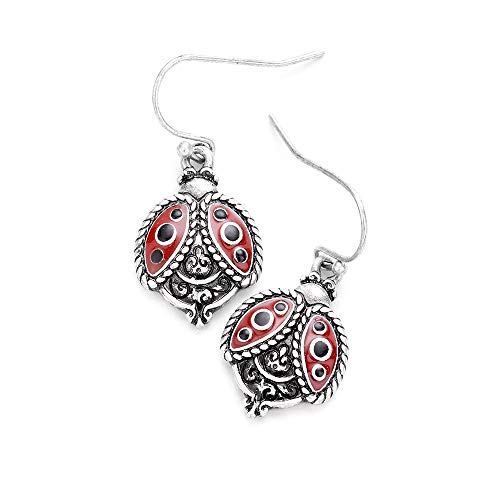 Liavy's Antique Ladybug Fashionable Earrings - Vine Filigree - Enamel - Fish Hook - Unique Gift and Souvenir