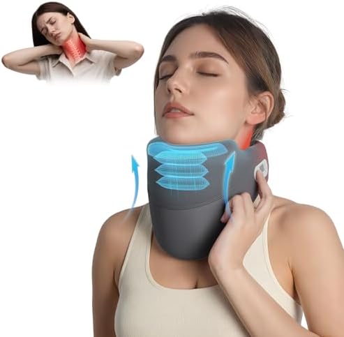 Cervical Traction Device for Neck Pain Relief, Neck Stretcher with Stepless Height Adjustment and Electric Air Pressure, Built-in Heating Neck Brace Portable for Home/Office/Travel