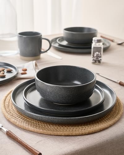Image of Famiware Milkyway Stoneware Dinnerware Sets with Mugs, Service for 4 (16 Pieces), Reactive Glaze Plates and Bowls Sets, Microwave and Dishwasher Safe Dishes Set, Matte Dark Charcoal