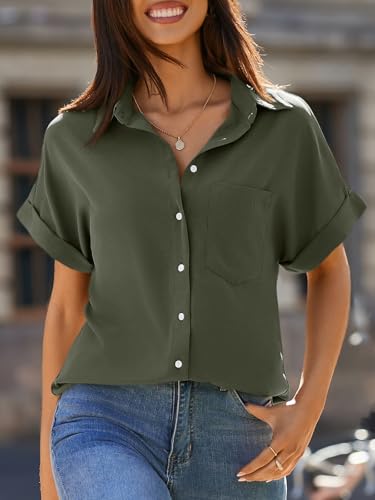 Beautife Womens Short Sleeve Shirts V Neck Collared Button Down Shirt Tops with Pockets3