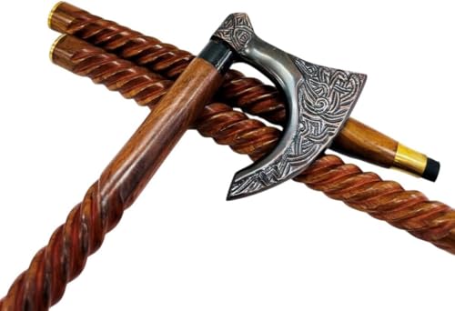 Viking Axe Walking Stick – Handcrafted Wooden Cane with Engraved Nordic Axe Handle – Decorative Collector’s Walking Cane for Men & Women – Medieval Style Wooden Staff