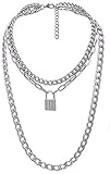 Modische Halskette, Kettenschloss für Mädchen, Jungen, Streetwear Hiphop Rap Trap Gothic Grunge Aesthetic Rock Punk, Halskette, Schmuck Fashion Trendy Damen und Herren, Silber