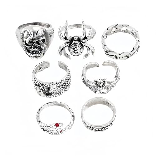 Gnepief Gothic Silver Ring Set, 6 Pieces, Spider Skull Snake Design, Vintage Punk Style Statement Rings