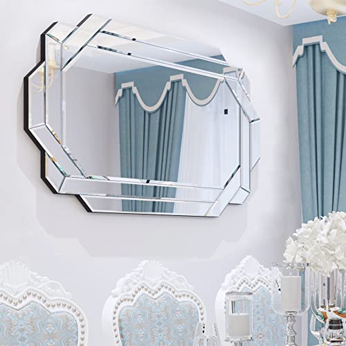 Chende Wall Mirror For Decor, 36" X 24" Octagonal Decorative Mirror With Beveled Edge And Glass Pieces, Large Accent Mirror For Living Room, Bedroom, Dining Room, Hallway #TOP14