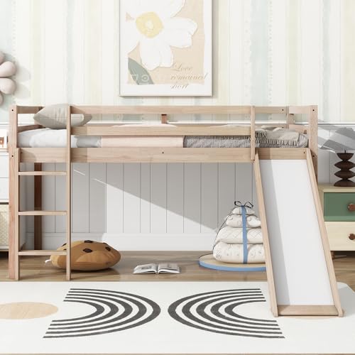 SmartEdge Twin Low Loft Bed with Slide, Wood Twin Loft Bed Frame with Climbing Ladder, Safety Guardrails, Storage Space, Toddler Bed Floor Frame for Boys & Girls, No Box Spring Needed, White Oak