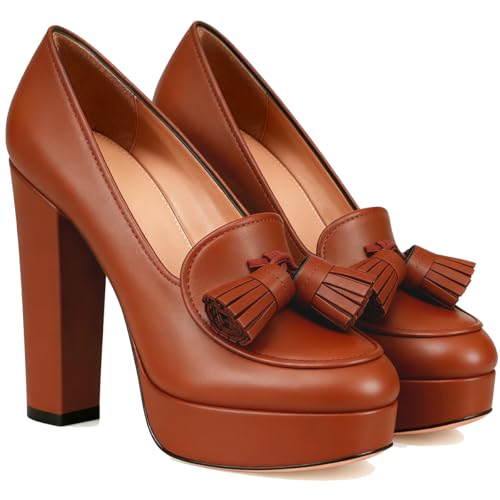 Image of SHODENSE Women Vintage Chunky Platform Loafers Pumps Tassel Round Closed Toe Slip On Suede Block High Heel Dress Loafer Shoes Buckle Strap Oxford Loafers Fringe Pump Dressy Chic Sexy Y2k 4-11 M US