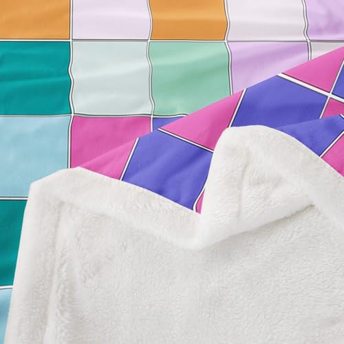 Image of Erosebridal Colorful Checkered Throw Blanket Twin 60 inchX80 inch Rainbow Checkerboard Grid Fleece Bed Blanket Blue Pink Purple Ombre Plaid Sherpa Blanket for Kids Boys Girls,Groovy Aesthetic Plush Blanket