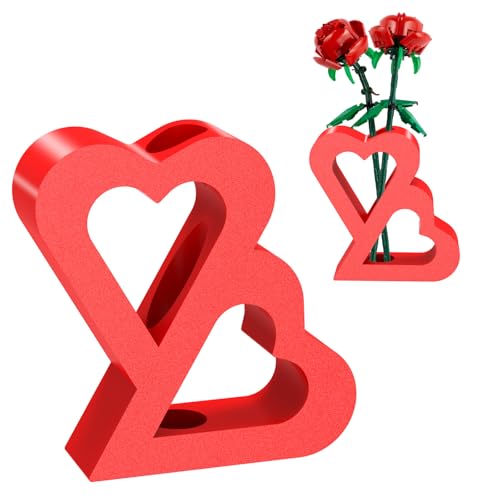 Vase for Lego Flowers 40524 40747 40725 40460 40647, Double Heart Vase for Lego Flower Bouquet Building Set - Display Stand for Lego Roses Cherry Blossom Sunflower Tulips Daffodils Lotus (Red)
