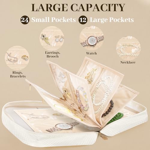 Travel Jewelry Organizer, Jewelry Storage Case Box with 6 Transparent Portable Clear Zipper Velvet Pouches for Earrings, Necklaces, Rings, Bracelets, Traveling, Gifts for Women (Beige)2