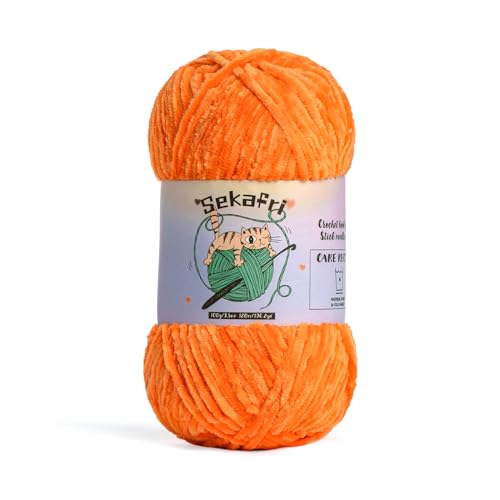 Image of Fuzzy Chenille Yarn for Crocheting,Fluffy Amigurumi Crochet Yarn for DIY Craft /Hat /Shoes,(100 g /197 yds) Soft Velvet Baby Blanket Yarns(Orange)
