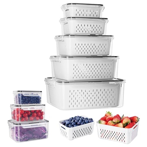 5 Pack Produce Storage Containers for Fridge – BPA-Free, Leak-Proof Fruit Containers with Removable Colanders and Lids – Keep Fruits & Veggies Fresh Longer