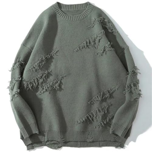 Men Vintage Hip Hop Sweater Streetwear Ripped Solid Color Hole Wool Oversized Pullovers2