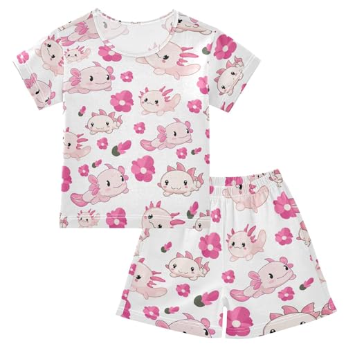 Pajama Sets Short Sleeve Pink Axolotl Set Flowers Soft Cotton Summer Sleepwear 2 Piece PJS Size 5-14T