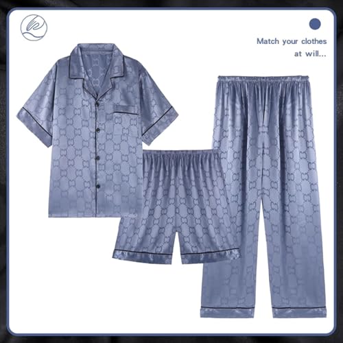 Men's 3-Pcs Pajamas Set Extra Plus Size Satin Pjs Set Men's Short-Sleeved Shorts Loungewear 50-150KG2