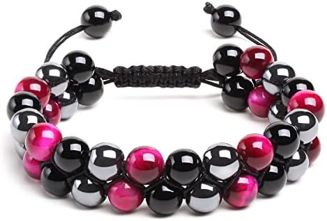OAHERAS Beaded Bracelets for Women Triple Protection Spiritual Healing Natural Pink Tiger Eye Black Obsidian and Hematite 8mm Stone Bead Energy Crystal Bracelet - Bring Good Luck and Happiness