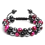 OAHERAS Beaded Bracelets for Women Triple Protection Spiritual Healing Natural Pink Tiger Eye Black