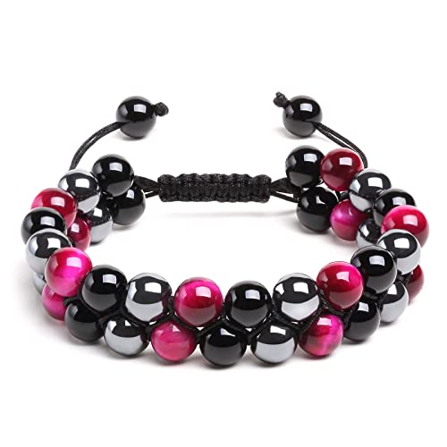 Oaheras Beaded Bracelets For Women Triple Protection Spiritual Healing Natural Pink Tiger Eye Black Obsidian And Hematite 8Mm Stone Bead Energy Crystal Bracelet - Bring Good Luck And Happiness #TOP2