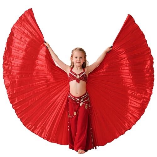 Tefrica Women's Professional Belly Dance Wings with Sticks Halloween Carnival Performance Accessories (Red, Kids)