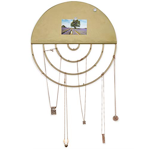 MyGift 19-Hook Jewelry Holder, Hanging Necklace Organizer - Round Brass Toned Metal Wall Mounted Jewelry Display Rack with Magnetic Memory Memo Board