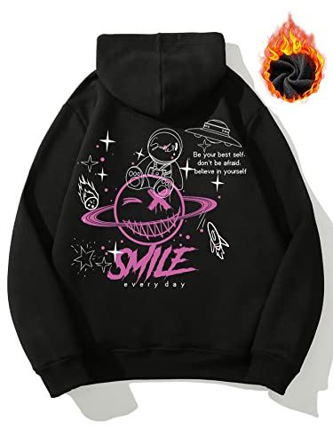 Wdirara Men's Letter Floral Print Drawstring Long Sleeve Hoodie Casual Sweatshirt Black Cartoon M #TOP1