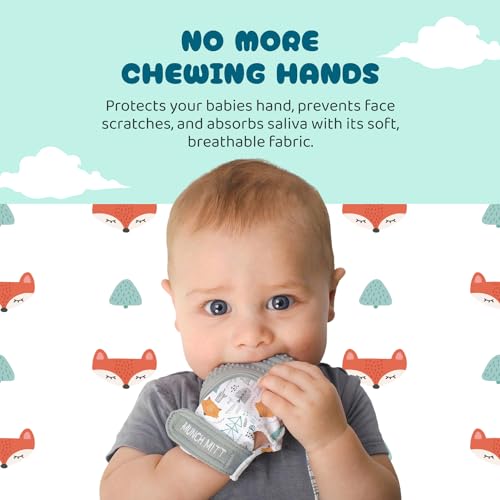 Image of Malarkey Kids Patented Teething Mitten, Munch Mitt Baby Chew Toy - Protects Hands from Chewing & Saliva, Heals Aching Gums, Promotes Sound & Visual Stimulation for Babies - Grey Fox