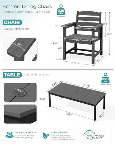 Image of SERWALL Outdoor Dining Set, 9 Piece HDPE Patio Dining Set, Gray