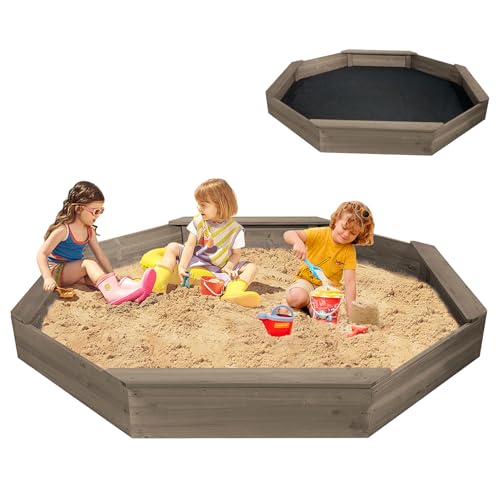 Wooden Octagonal Sandbox with Cover, Outdoor Sandpit with 4 Bench