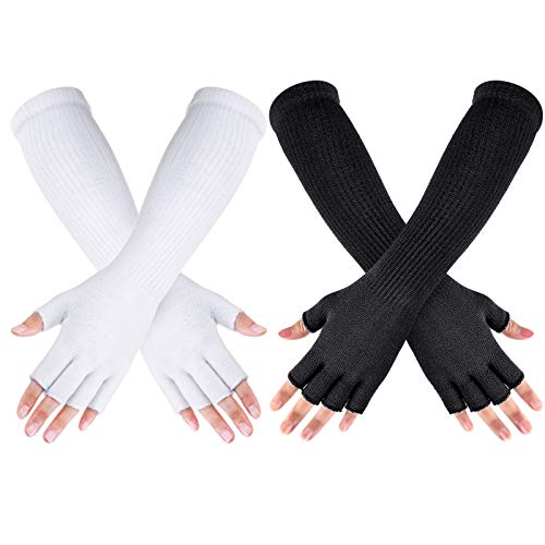 2 Pares Guantes Sin Dedos de Invierno Térmicos Largos de Punto Elástico Para Mujer Hombre, 11 Pulgadas (Negro, Blanco)